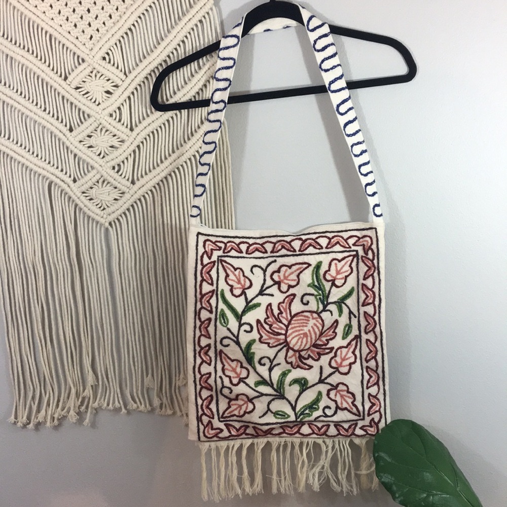 Boho floral embroidered tote bag